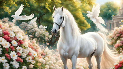 A white horse is standing in a park full of flowers and a beautiful dove is sitting on top of it