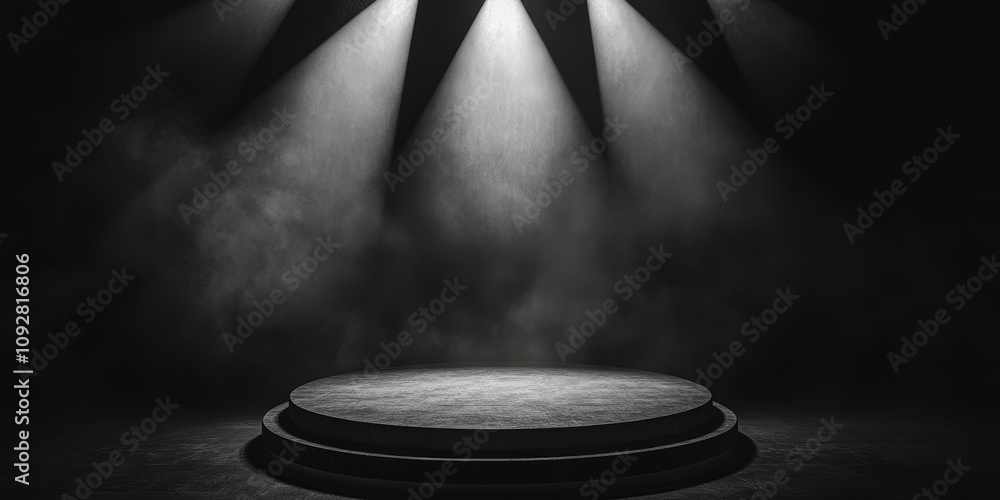 Poster a dramatic circular stage illuminated by bright spotlights in a dark atmospheric setting, perfect fo