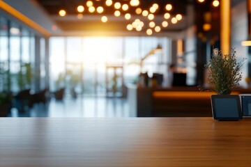 A stylish, open office environment beautifully illuminated by ambient lighting, featuring natural elements and modern decor, offering a warm, inviting atmosphere.