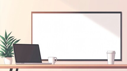 Workspace with laptop, blank whiteboard, coffee cup, and plant in cozy setting. Generative AI