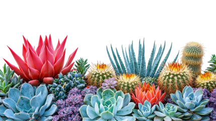 Vibrant succulents and cactus arrangement with blooming flowers