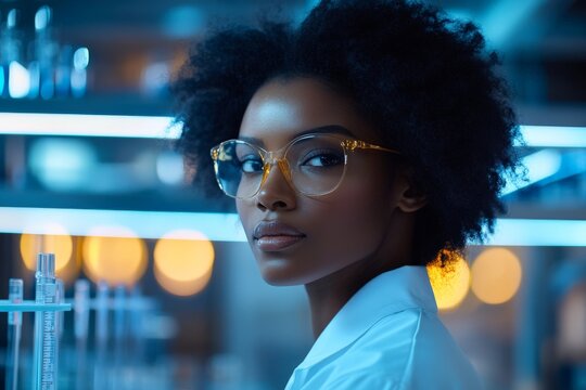 A confident professional in a lab setting adorned with futuristic lighting and equipment, reflecting intelligence and a cutting-edge approach to scientific research.