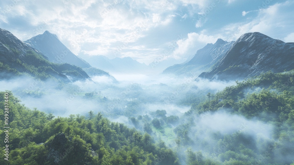 Poster a mountain range with a foggy sky and a few trees