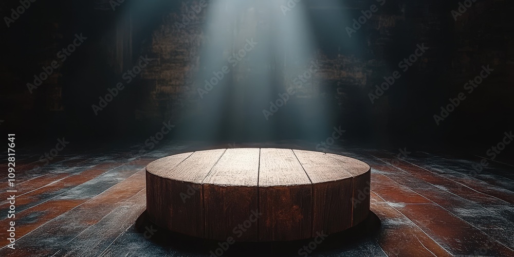 Poster a rustic wooden stage surrounded by dramatic lighting in an empty room with soft rays illuminating t