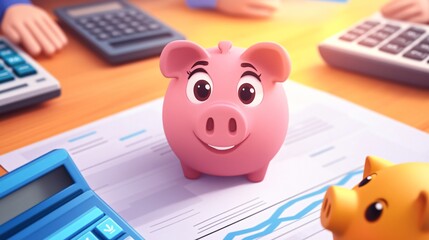 Cute piggy bank surrounded by financial tools and documents in an office setting. Generative AI