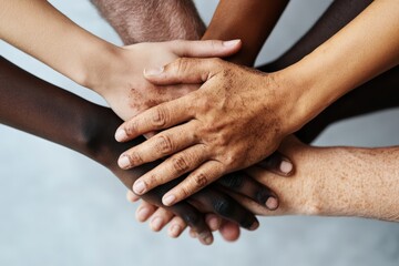 A group of diverse hands come together in unity, symbolizing support, teamwork, and the diverse nature of cooperation and humanity in modern societal contexts.