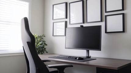 Home office setup with a modern desk, chair, and empty picture frames. Generative AI
