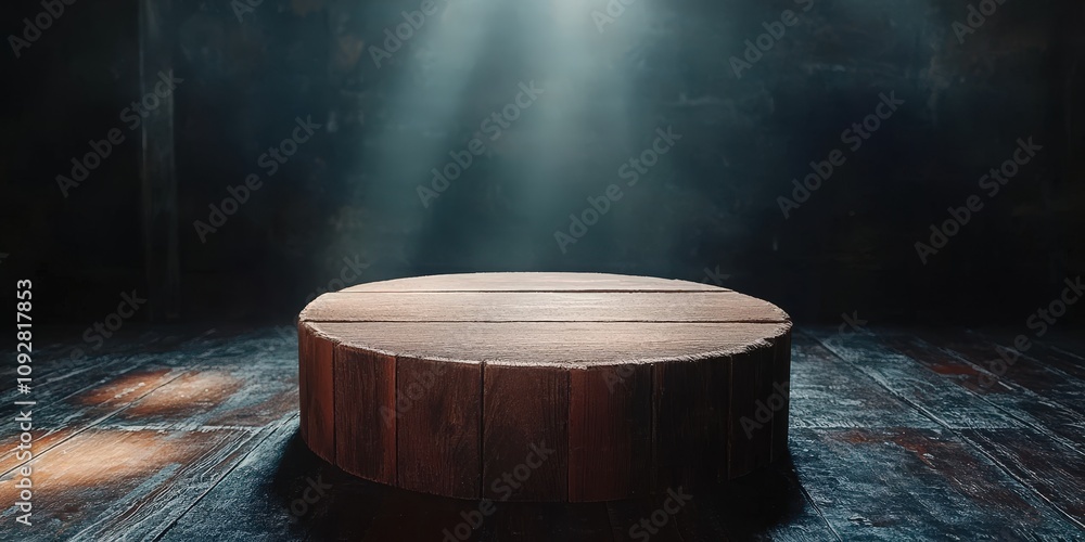Aufkleber rustic wooden stage in dramatic light with a dark background creating an atmospheric setting for per