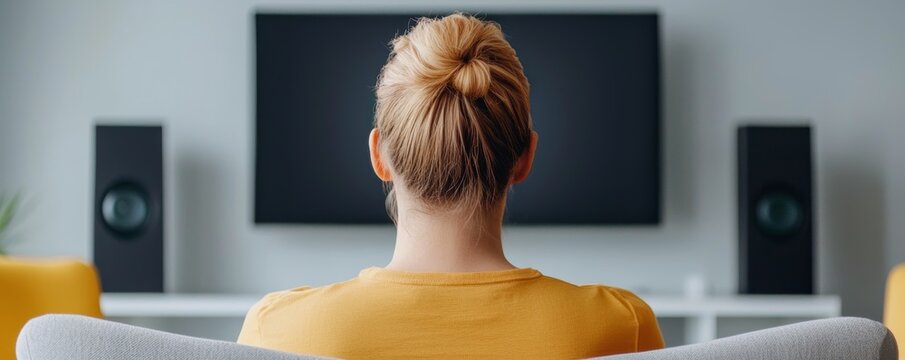 A person with a bun hairstyle sits on a couch, facing a television set in a cozy living room, with speakers on either side.