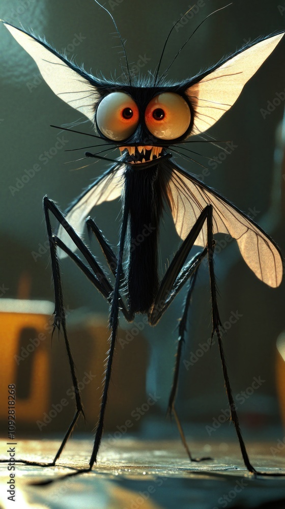 Poster a cartoonish mosquito character with exaggerated features and a playful expression.