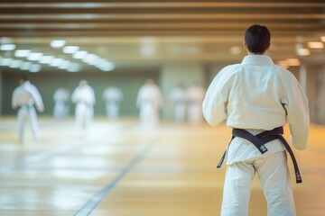 Judoka prepares for practice in a traditional dojo setting during evening training session