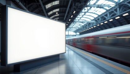 Empty advertising billboard in a busy train station platform with moving train and copy space