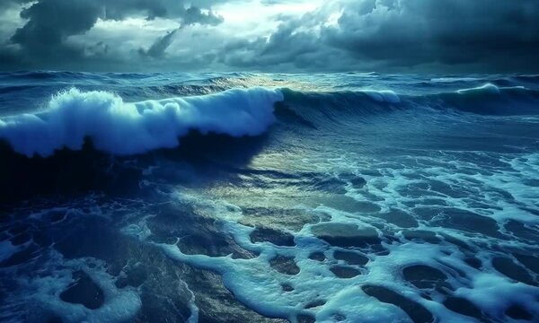 Dramatic Ocean Waves Under a Stormy, Dark Sky