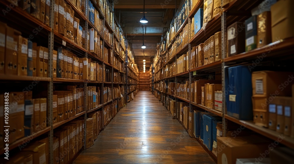Poster organized archive of cardboard boxes and files in a large library with shelves stacked full of docum