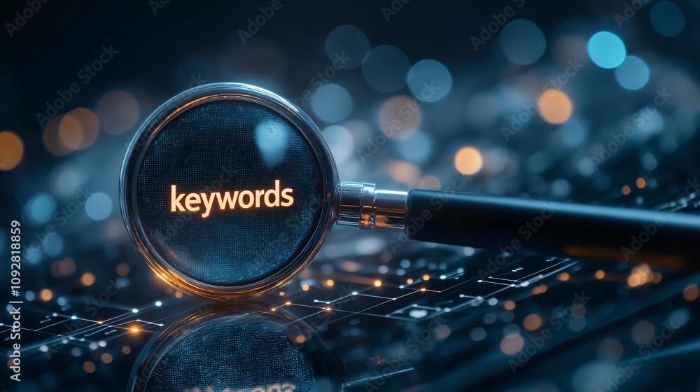 Poster conceptual illustration of a magnifying glass focusing on keywords with digital data background for 