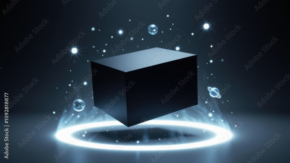 Poster ai technology with glowing elements around a cube on a dark background.