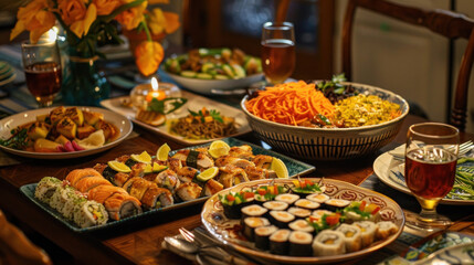 Obraz premium Family gathered for a multicultural Thanksgiving, traditional turkey alongside international flavors like sushi, empanadas, and curry, a colorful and joyful mood