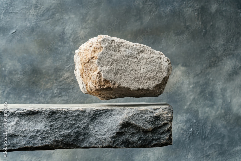 Poster balanced stone resting on a ledge against a textured blue background in a serene setting
