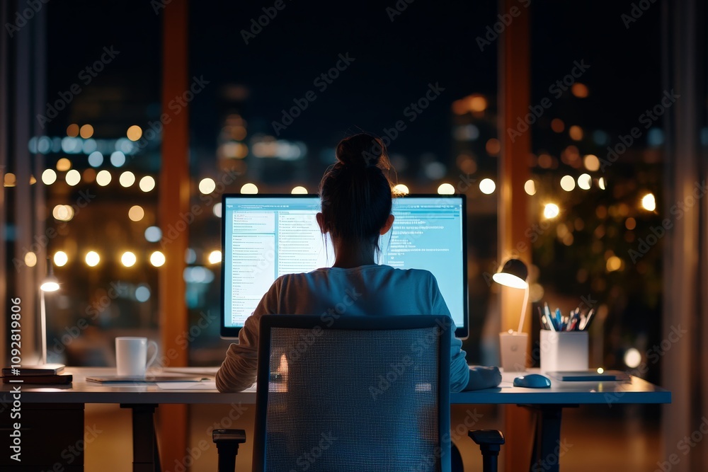 Poster a focused individual is working on a computer in a modern office setting during nighttime, surrounde