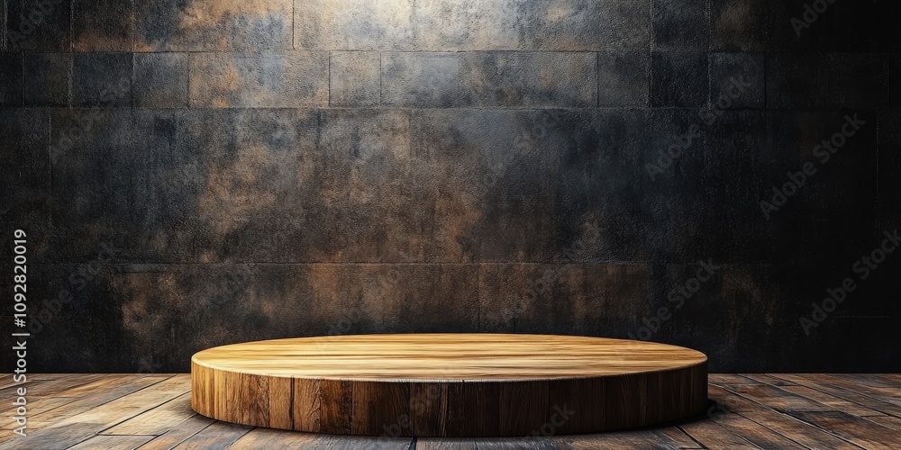 Poster minimalist wooden stage on dark background for display or presentation, evoking modern design and ar
