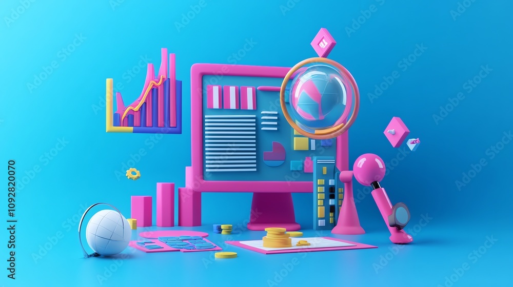 Poster a 3d rendering of a computer screen with a graph showing growth and various colorful data visualizat