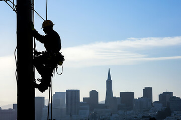  An electric pole worker performing maintenance, silhouetted against a city skyline, symbolizing urban infrastructure and essential services.