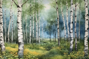 Fototapeta premium Birch Grove., watercolor style, 