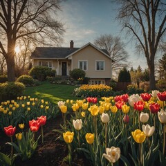 A suburban home with a garden full of tulips and daffodils in the spring.

