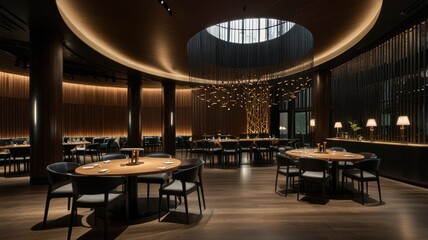 Here's a possible  and keyword list for your stock photo.. Elegant circular dining room with dark wood, modern lighting, and comfortable seating.