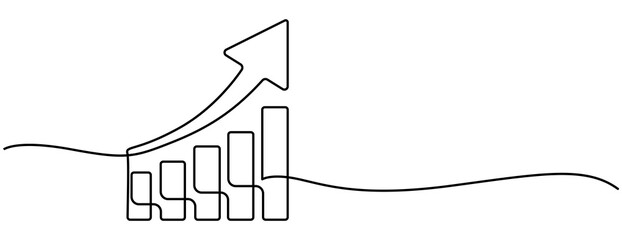 Continuous one line drawing of graph. Flat icon of increasing arrow up. Illustration vector of bar chart. Single line art of business growth, Continuous one line drawing of growing statistics graph. 