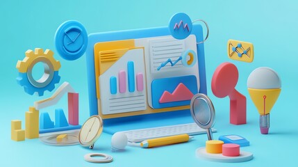 A 3D rendering of a computer screen with a graph showing growth and various colorful data visualization icons.