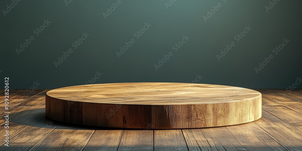 Poster empty round wooden platform in minimalist setting with dark background and natural light casting sof