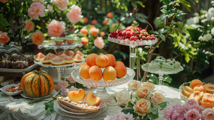 Lavish high tea spread featuring delicately carved peaches, melon flowers, and berry accents, set against a Victorian-style garden backdrop