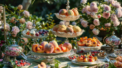 Lavish high tea spread featuring delicately carved peaches, melon flowers, and berry accents, set against a Victorian-style garden backdrop