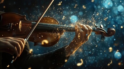 Fototapeta premium Close-up of violin being played in a dimly lit setting, surrounded by glowing sparkles. Captures the artistry and emotion of the music. Generative by AI
