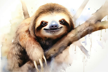Naklejka premium Watercolor painting of a sloth on a white background wildlife animals., watercolor painting , 