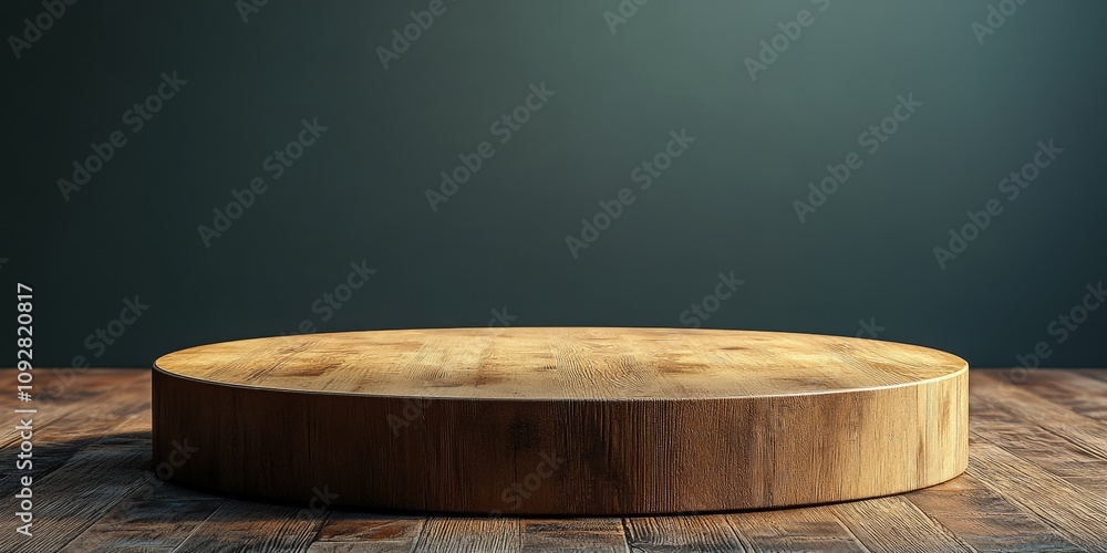 Poster minimalistic wooden platform in elegant dim lighting ideal for product display on a subtle dark back