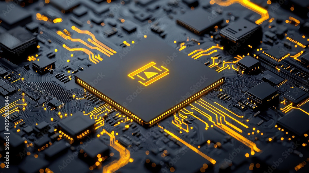 Aufkleber high tech ai chip design with neon yellow logo on circuit board, showcasing advanced technology and 