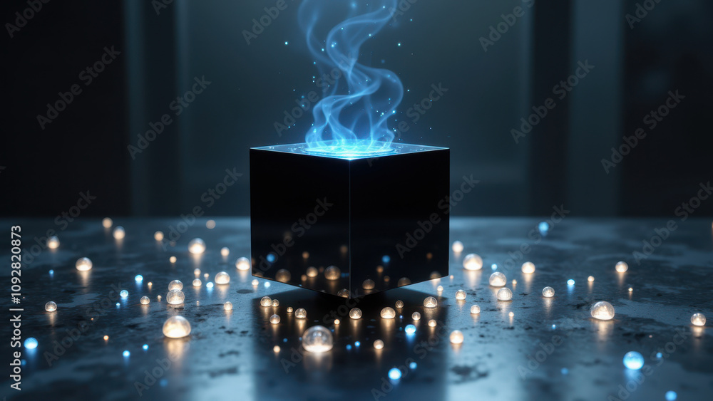 Poster a digital art illustration featuring a magical glowing cube with swirling energy and sparkles around