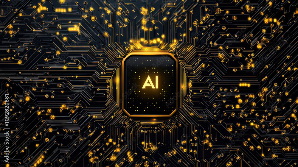 Poster ai chip concept featuring central neon yellow processor surrounded by intricate circuit patterns, sy