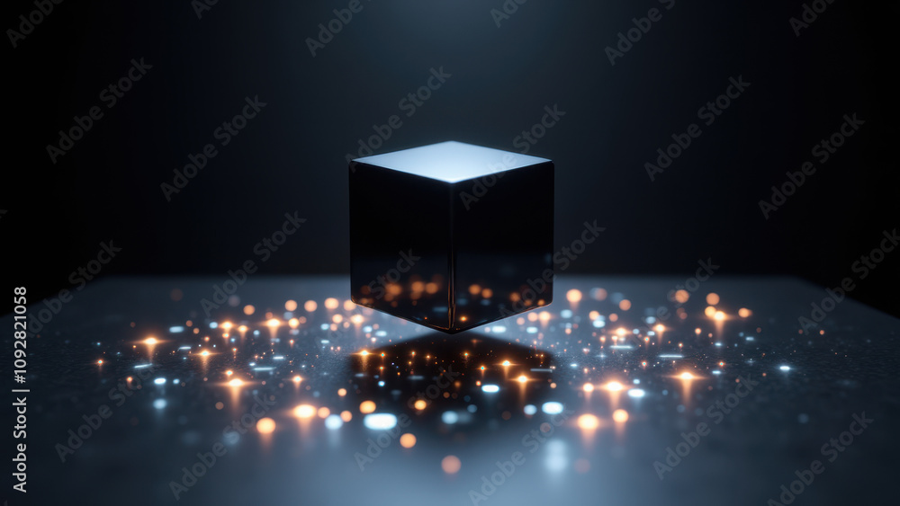 Poster a futuristic floating cube with sparkles or stars emanating around it, symbolizing ai technology.