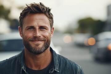 Fototapeta premium A casually dressed man radiates contentment as he stands against a blurred urban street backdrop, capturing the essence of happiness, simplicity, and everyday life.