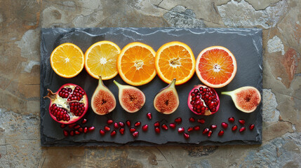 Minimalist fruit arrangement with citrus wheels, pomegranate halves, and artfully placed figs on a modern slate board, clean and sophisticated tone