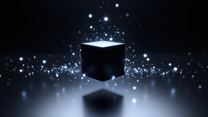 A futuristic digital illustration featuring an AI black box with glowing particles.