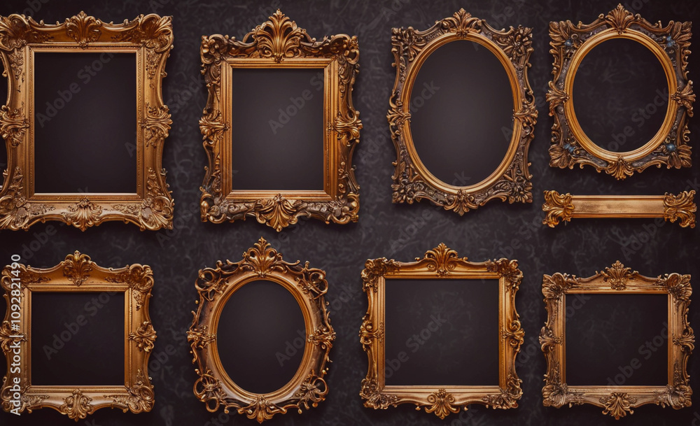 Aufkleber row of gold framed picture frames. the frames are all different sizes
