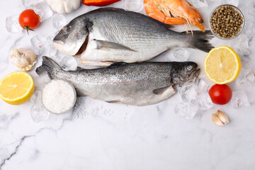 Fresh raw sea food, ice cubes and products on white marble table, flat lay