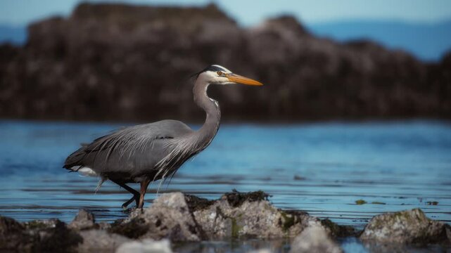 Great blue heron walking near the ocean coast. Slow motion. 