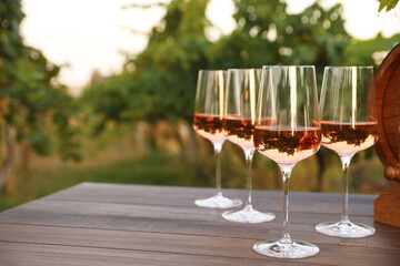 Tasty wine in glasses on wooden table outdoors. Space for text