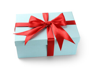 Beautiful gift box with red bow isolated on white