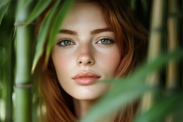 Close-up portrait of a young woman surrounded by green bamboo in natural light